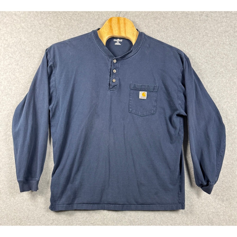 Carhartt Henley Shirt Mens XL Blue Good Long Sleeve Cotton Pocket Workwear